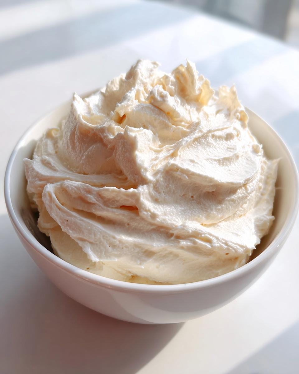 A white bowl filled with fluffy, whipped cream cheese fruit dip, ready for serving.