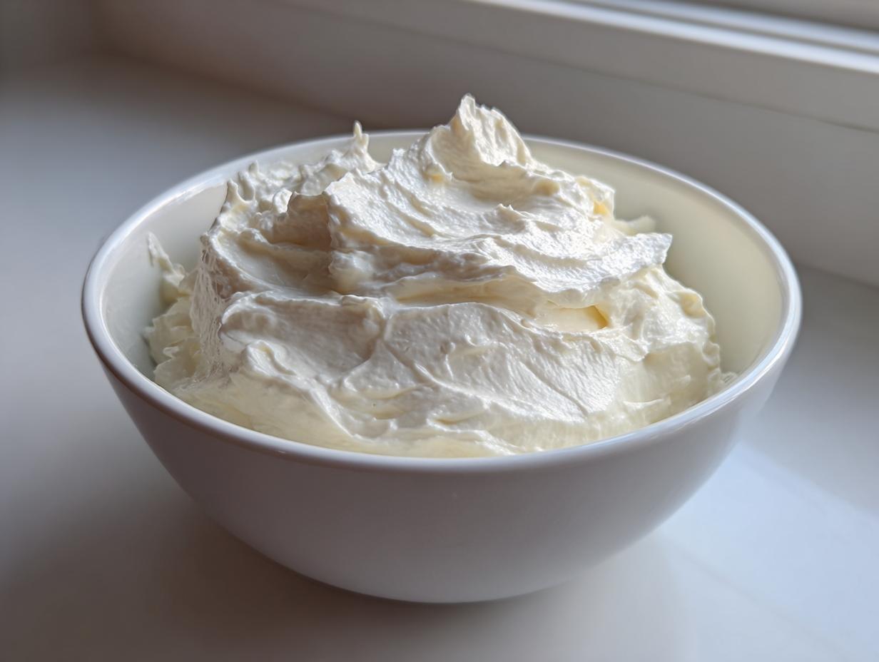 A close-up of thick, whipped cream cheese fruit dip mounded high in a small white bowl.