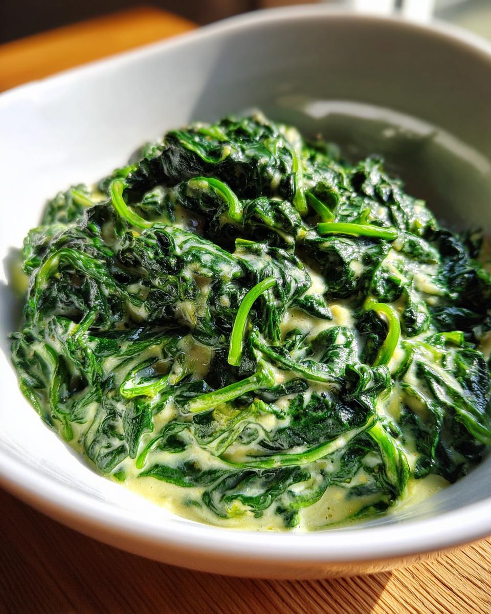 A close-up of vibrant green spinach coated in a creamy sauce, showcasing the amazing creamed spinach recipe.