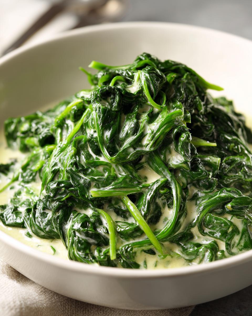 A close-up shot of vibrant green spinach coated in a rich, creamy sauce, showcasing the amazing creamed spinach recipe.