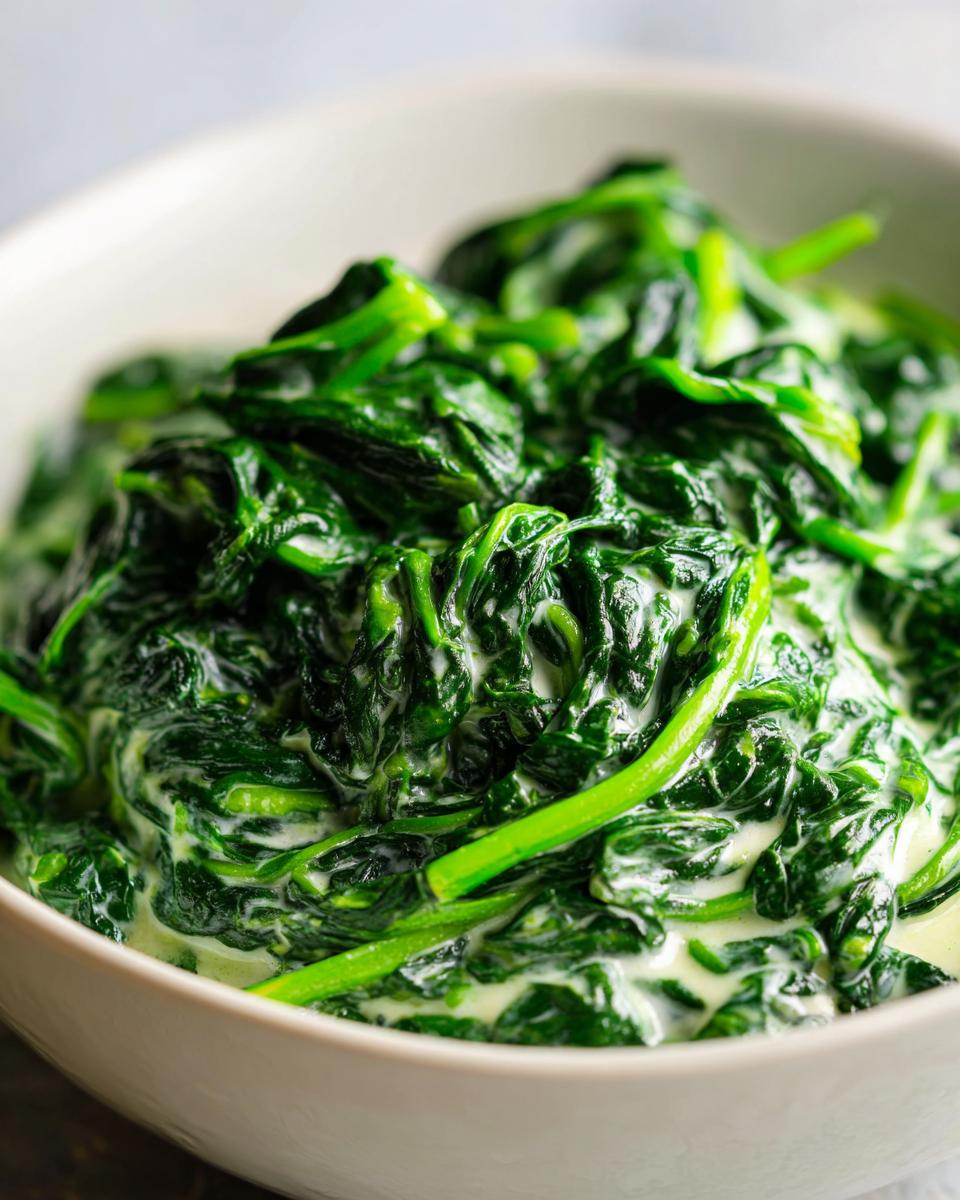 A close-up of vibrant green spinach coated in a rich white sauce, showcasing the finished creamed spinach recipe.