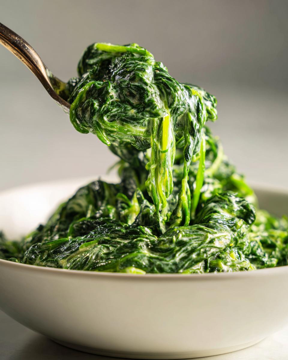 A spoonful of rich, homemade creamed spinach recipe being lifted from a white bowl.