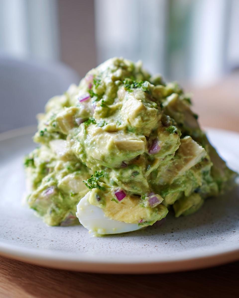 A mound of creamy avocado egg salad featuring chunks of avocado, red onion, and a visible slice of hard-boiled egg.