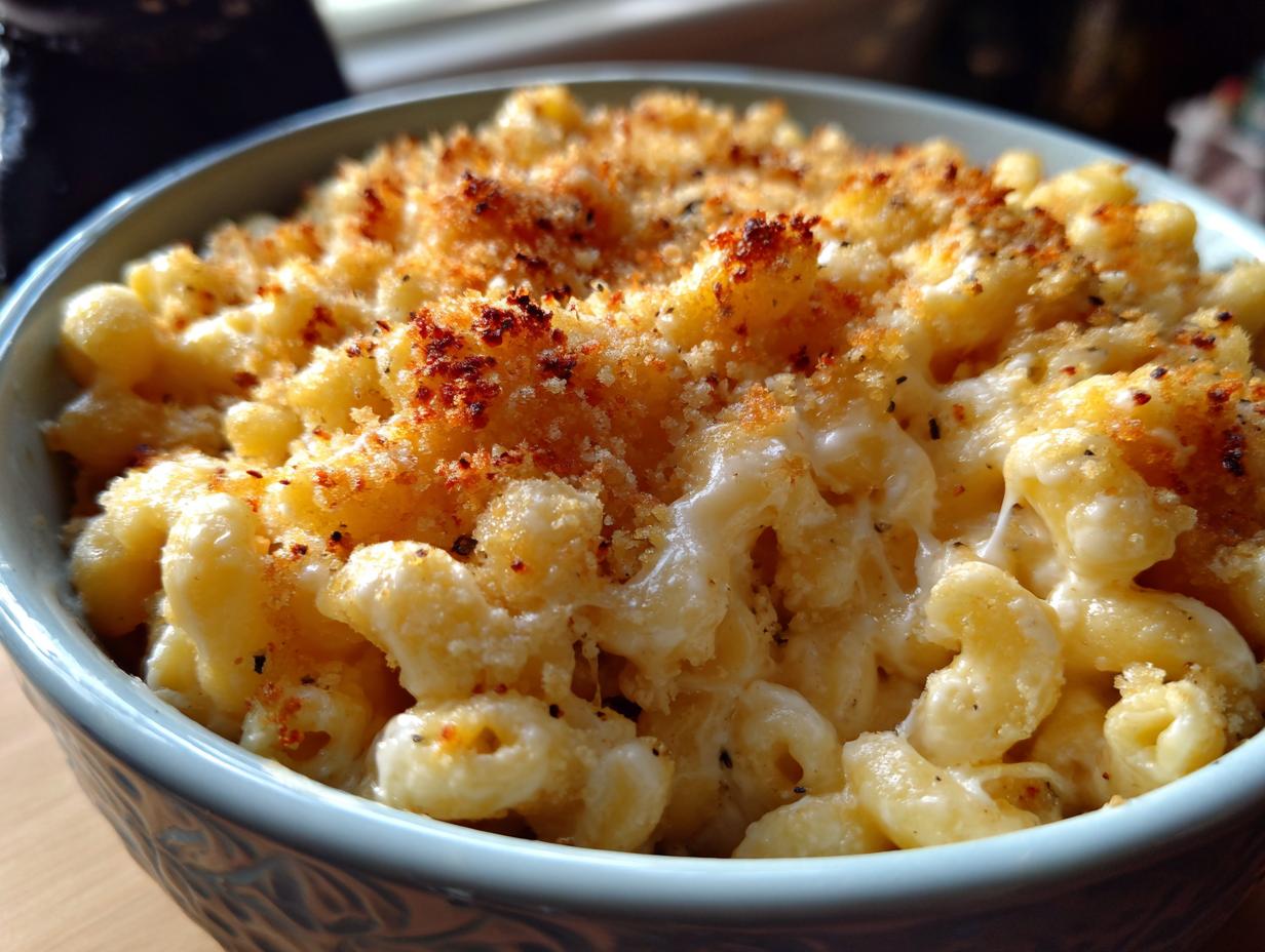Close-up of a bowl of creamy baked mac and cheese recipe with a golden, crispy breadcrumb topping.