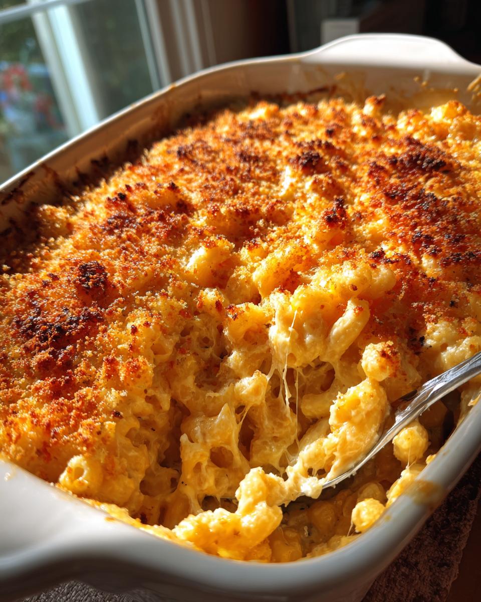 Close-up of creamy baked mac and cheese recipe with a golden, crispy breadcrumb topping and cheese pull.