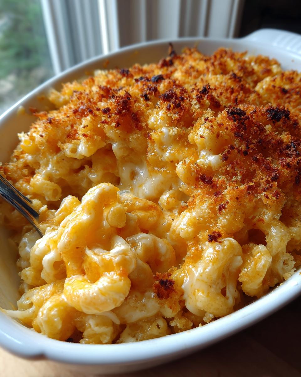 Close-up of creamy baked mac and cheese recipe with a golden, crispy breadcrumb topping in a white dish.