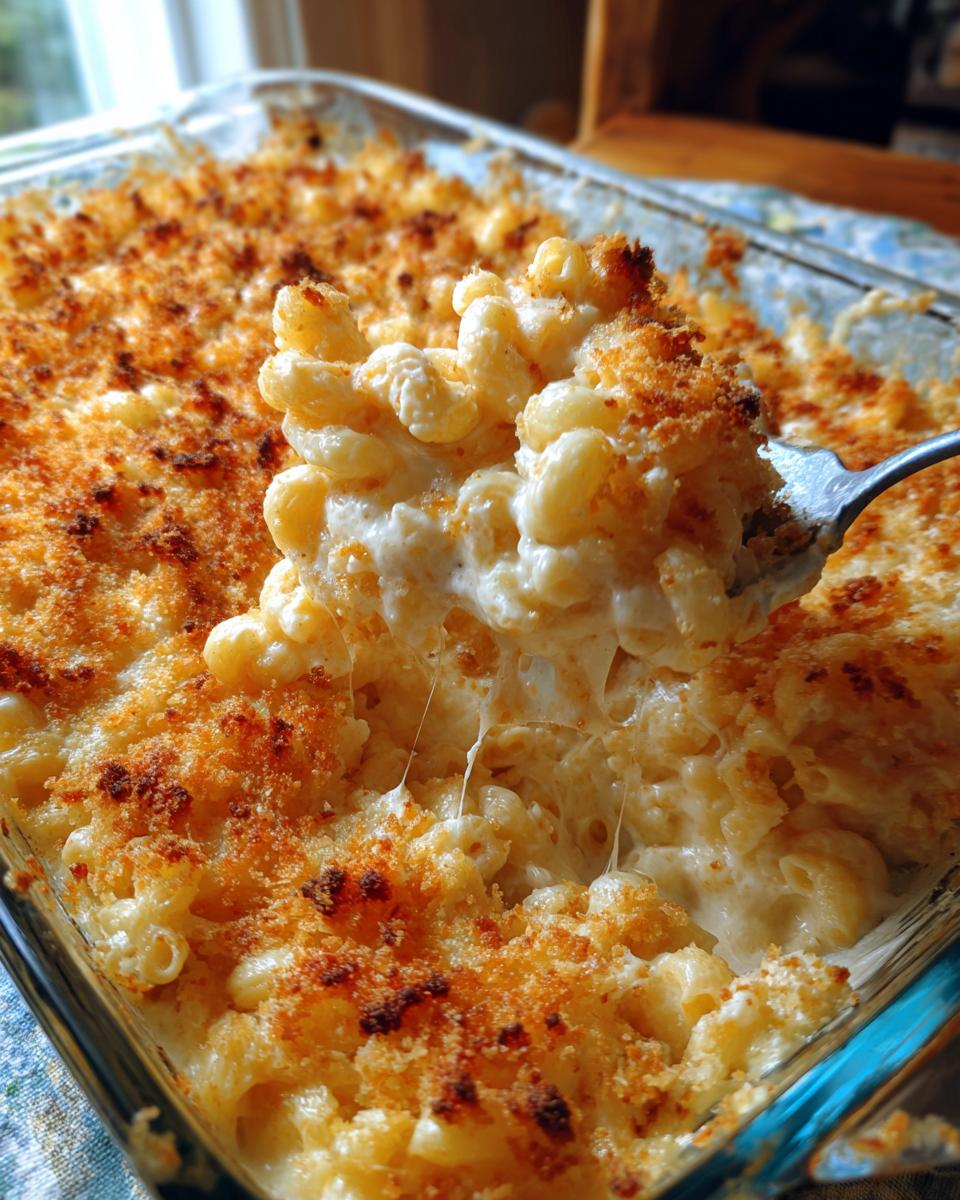 A spoonful of creamy baked mac and cheese recipe being lifted from a glass dish, showing cheese pulls and a golden crust.