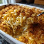 A spoonful of creamy baked mac and cheese recipe being lifted from a white casserole dish, showing a golden brown, crispy topping.