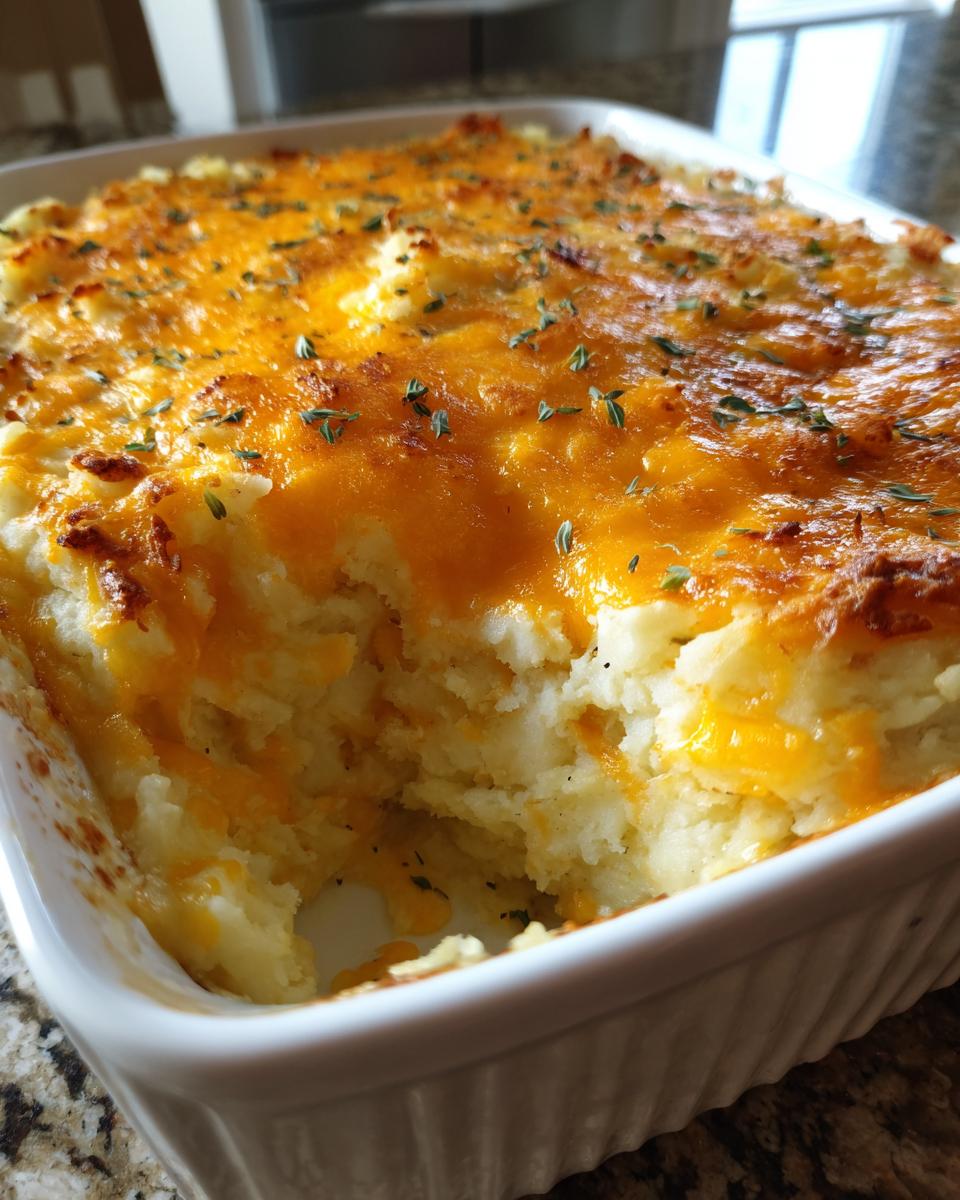 A close-up of creamy baked mashed potatoes topped with melted cheddar and herbs in a white casserole dish.