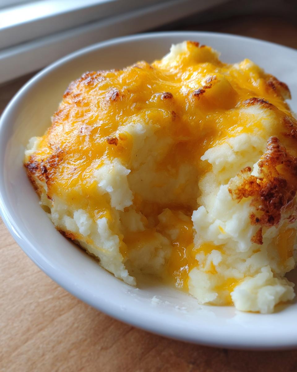 Close-up of creamy baked mashed potatoes topped with bubbly, browned cheddar cheese.