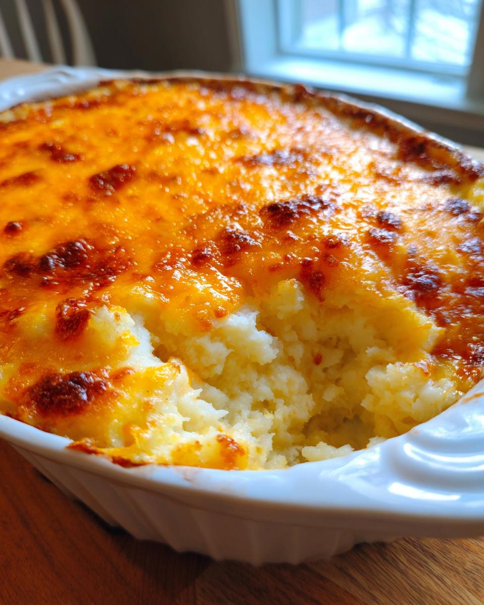 Close-up of creamy baked mashed potatoes topped with melted, bubbly, and browned cheddar cheese.