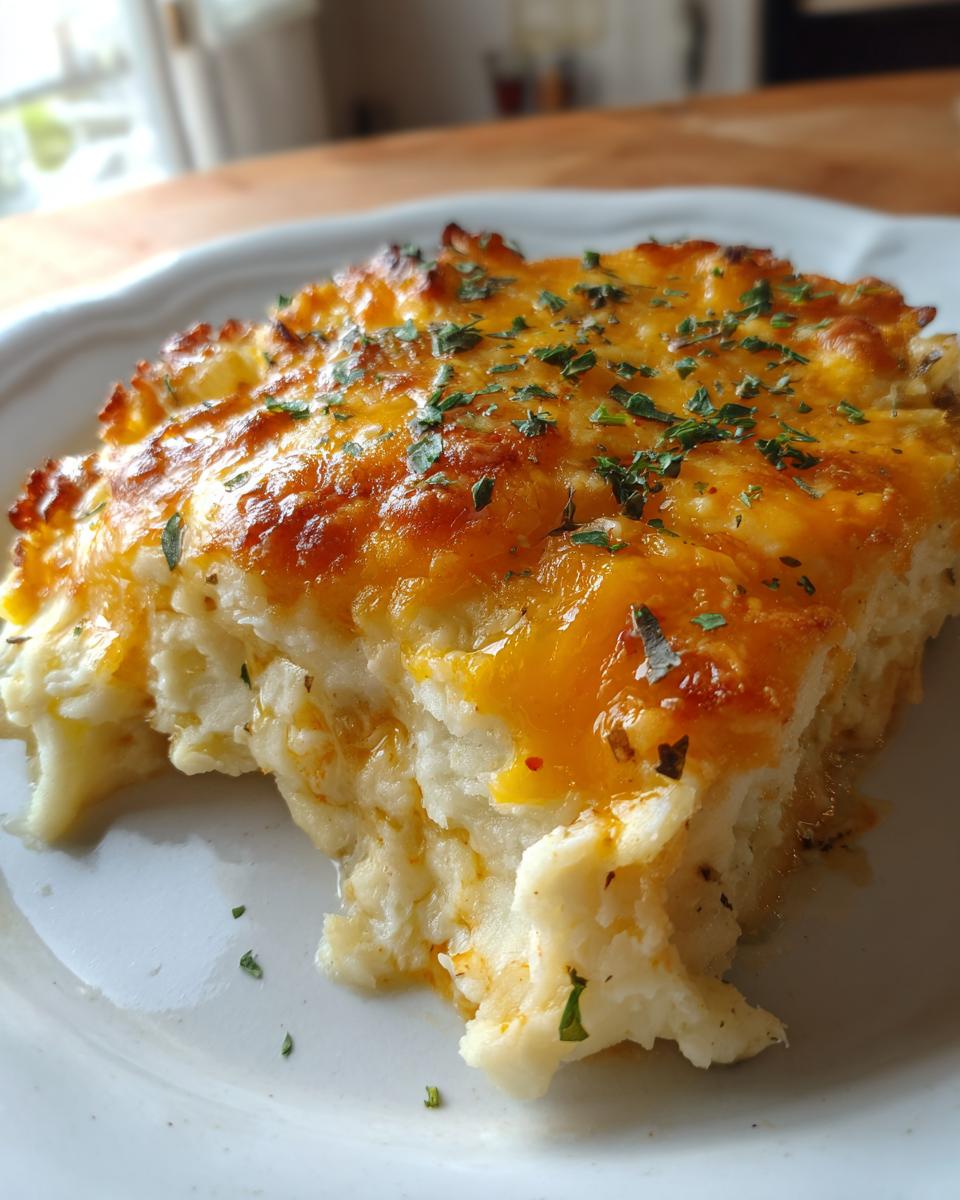 A serving of creamy baked mashed potatoes topped with melted cheddar cheese and sprinkled with parsley.