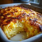 Close-up of creamy baked mashed potatoes topped with a deeply browned, golden cheese crust in a white baking dish.