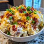 A close-up of a creamy baked potato salad loaded with cheddar cheese, crispy bacon bits, and sliced green onions.