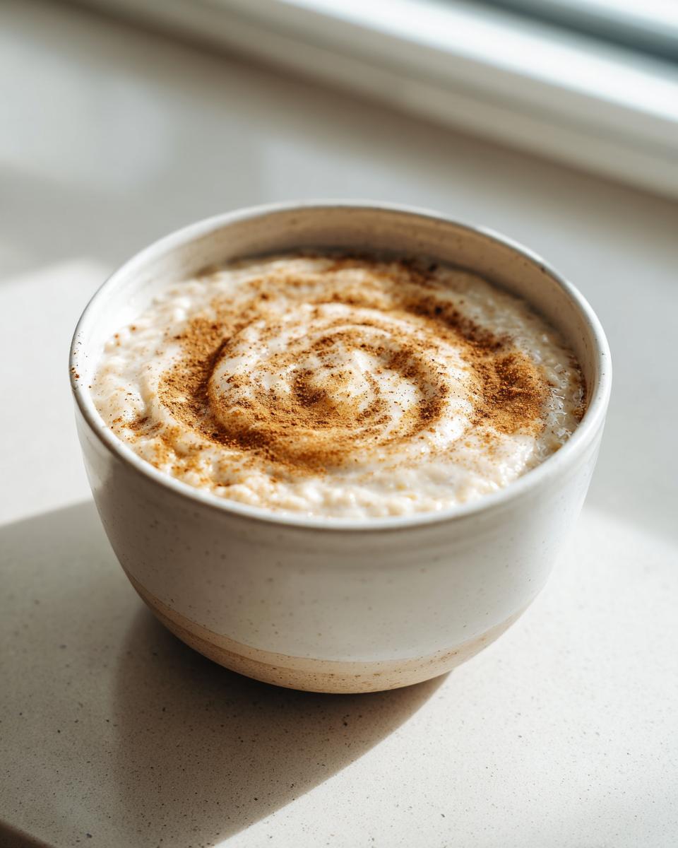 A close-up of creamy banana oatmeal topped with a swirl of cinnamon in a speckled white bowl.