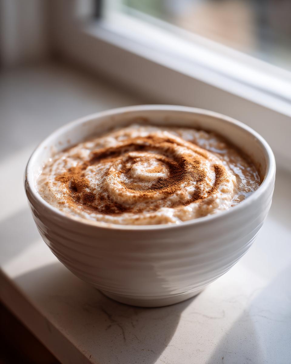 A white bowl filled with creamy banana oatmeal topped with a cinnamon swirl.