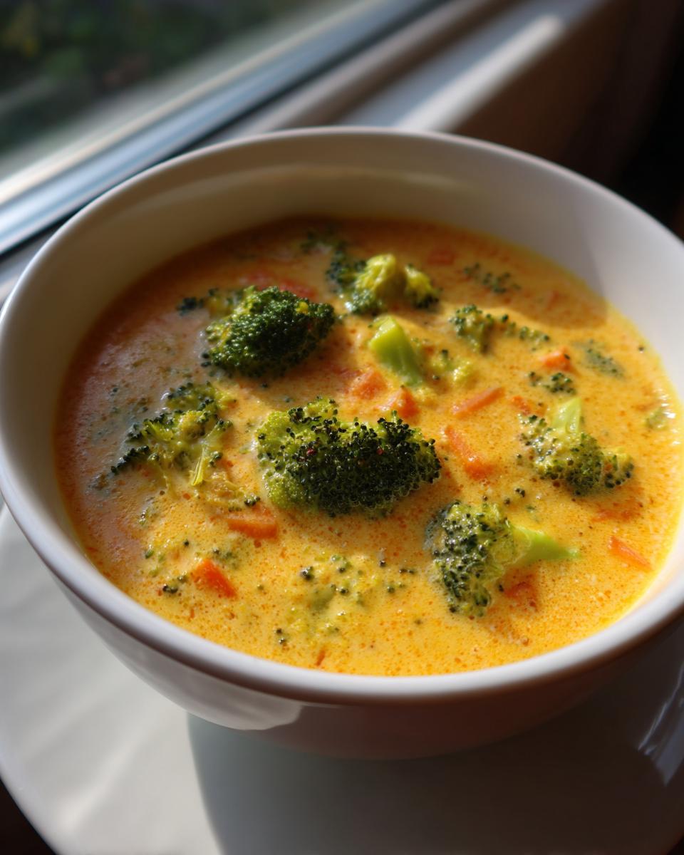 Close-up of a creamy, orange-yellow broccoli cheddar soup with visible florets and carrot pieces in a white bowl.
