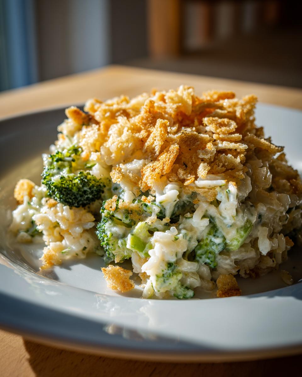 A close-up serving of creamy broccoli rice casserole topped with golden, crunchy breadcrumbs.