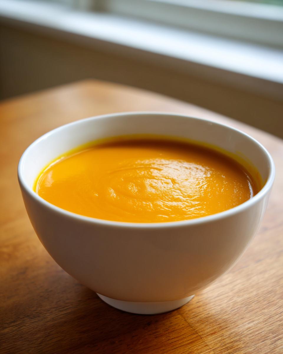 A close-up of a white bowl filled with vibrant orange butternut squash soup, set on a wooden table near a window.