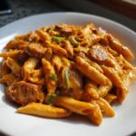 A close-up of creamy Cajun sausage pasta featuring penne noodles, sliced sausage, and green peppers on a white plate.