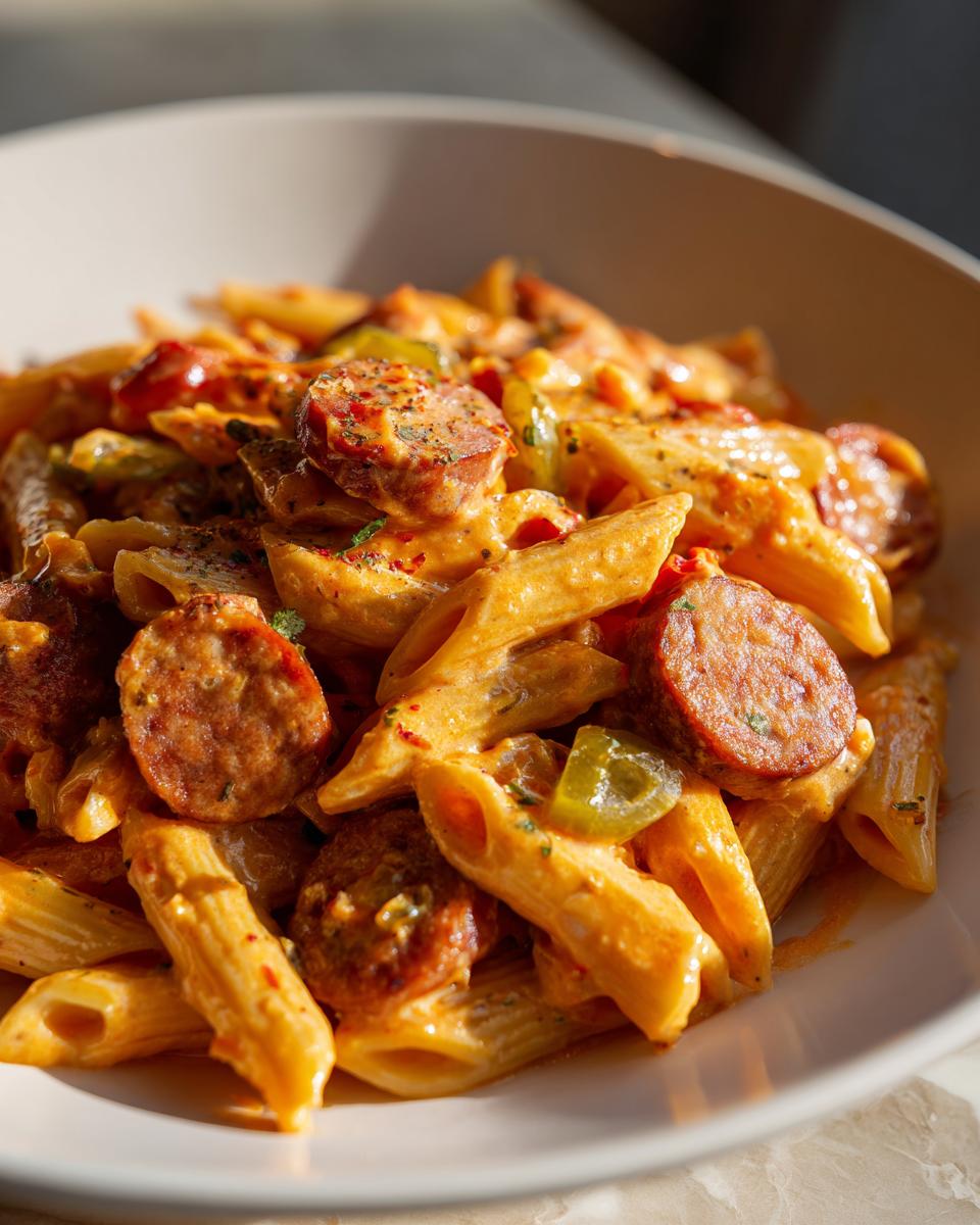 Close-up of creamy Cajun sausage pasta featuring penne, sliced smoked sausage, and green peppers.