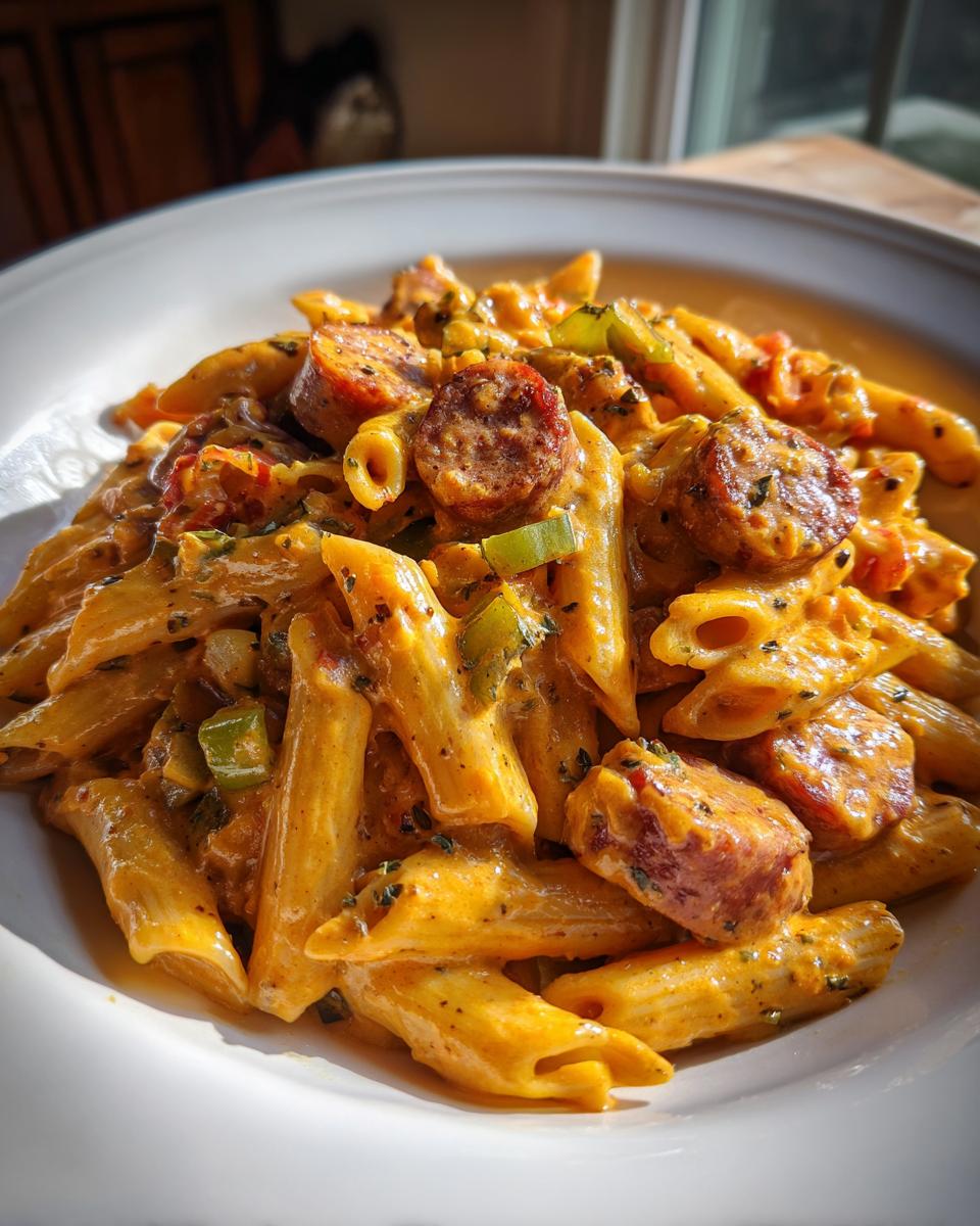 Close-up of creamy Cajun sausage pasta featuring penne, sliced smoked sausage, and green peppers in a rich orange sauce.