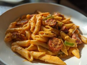 Close-up of creamy Cajun sausage pasta with penne and sliced andouille sausage in a white bowl.