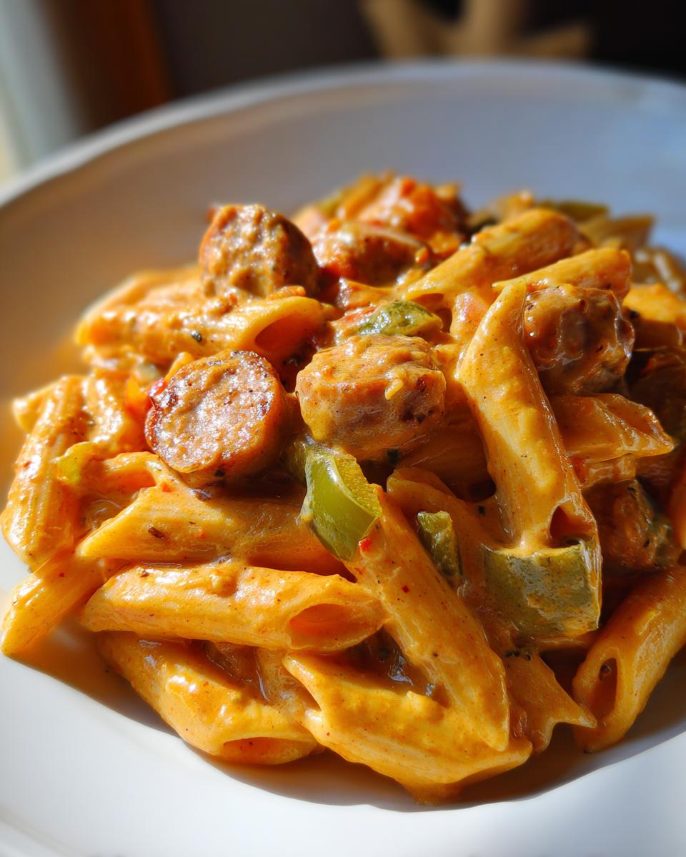 Close-up of creamy cajun sausage pasta featuring penne, sliced sausage, and green peppers in a white bowl.
