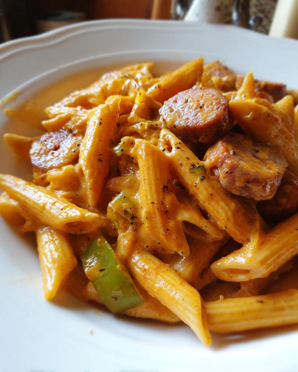 Close-up of creamy Cajun sausage pasta featuring penne noodles, sliced andouille sausage, and green peppers.