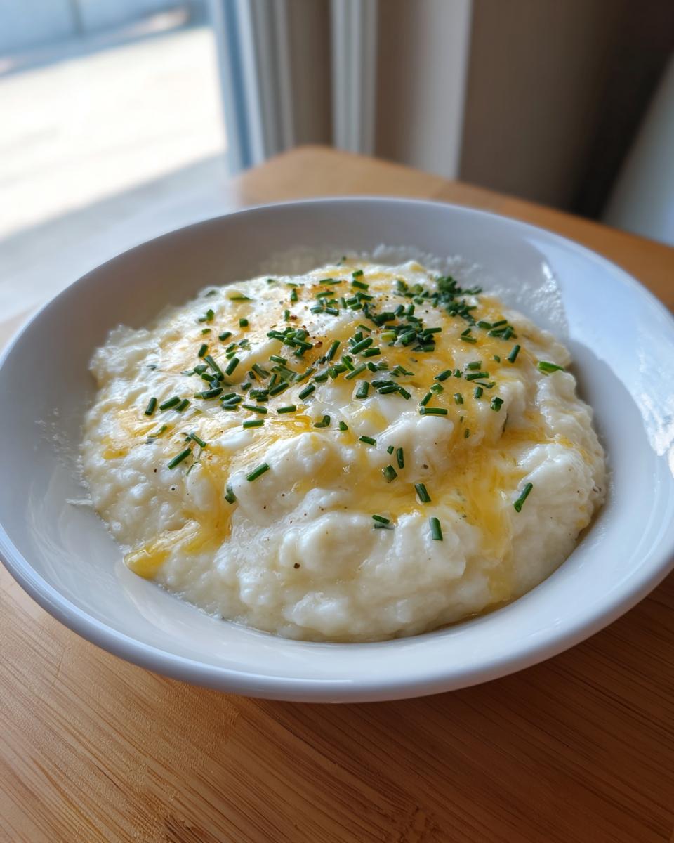 A white bowl filled with thick, creamy cauliflower soup topped with melted yellow cheese and fresh chopped chives.