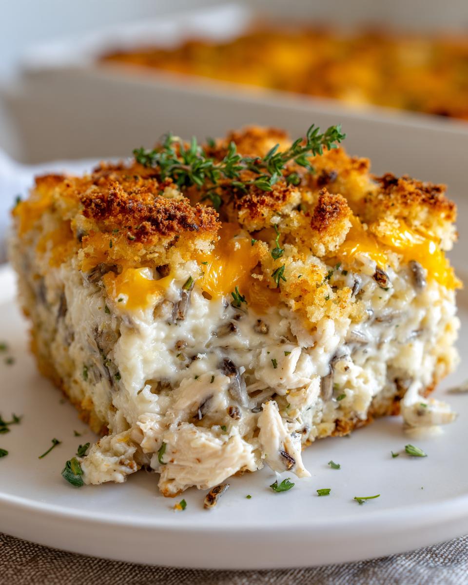 A close-up of a square serving of creamy chicken and wild rice casserole topped with melted cheese and thyme.