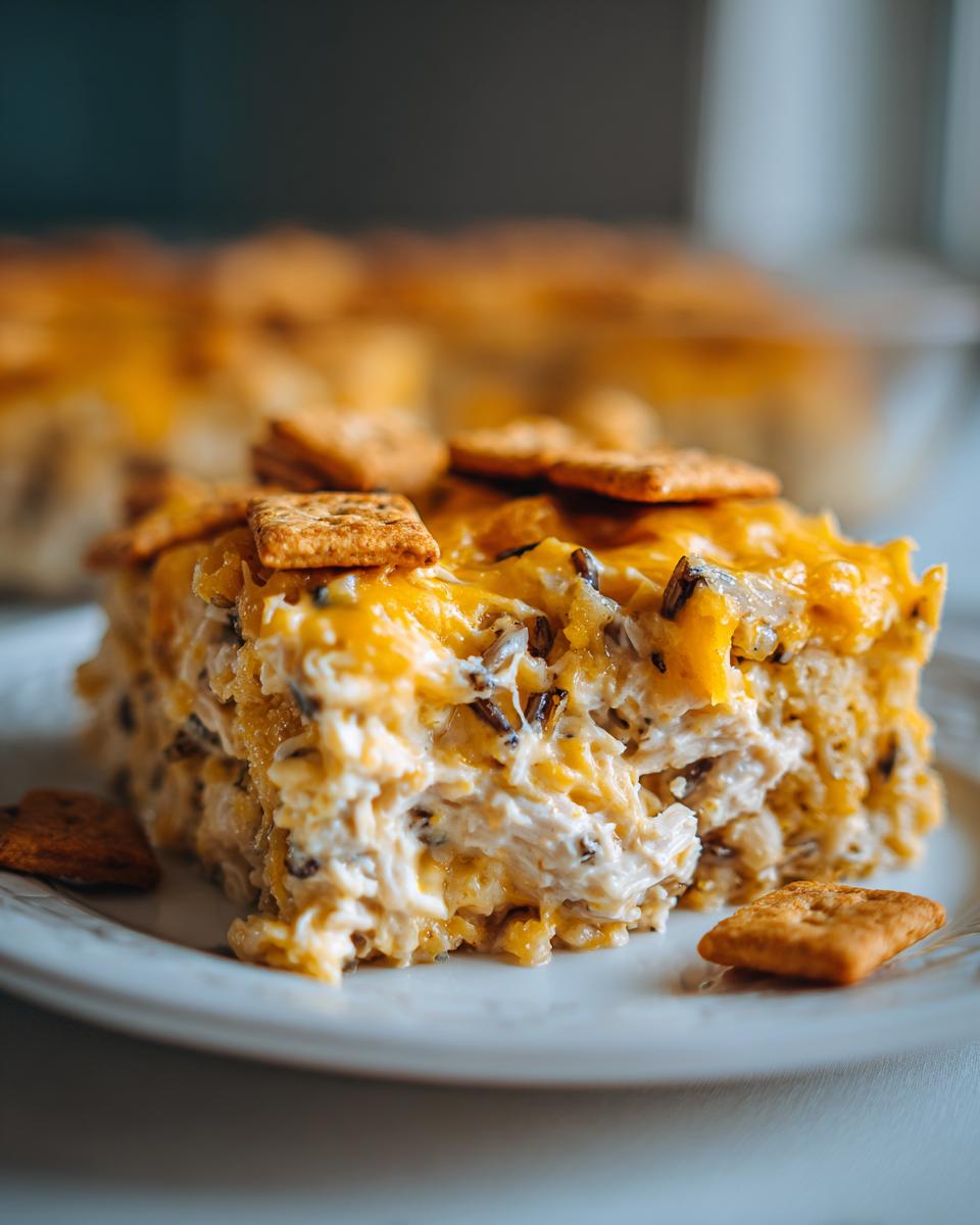 A close-up serving of creamy chicken and wild rice casserole topped with melted cheddar cheese and crackers.