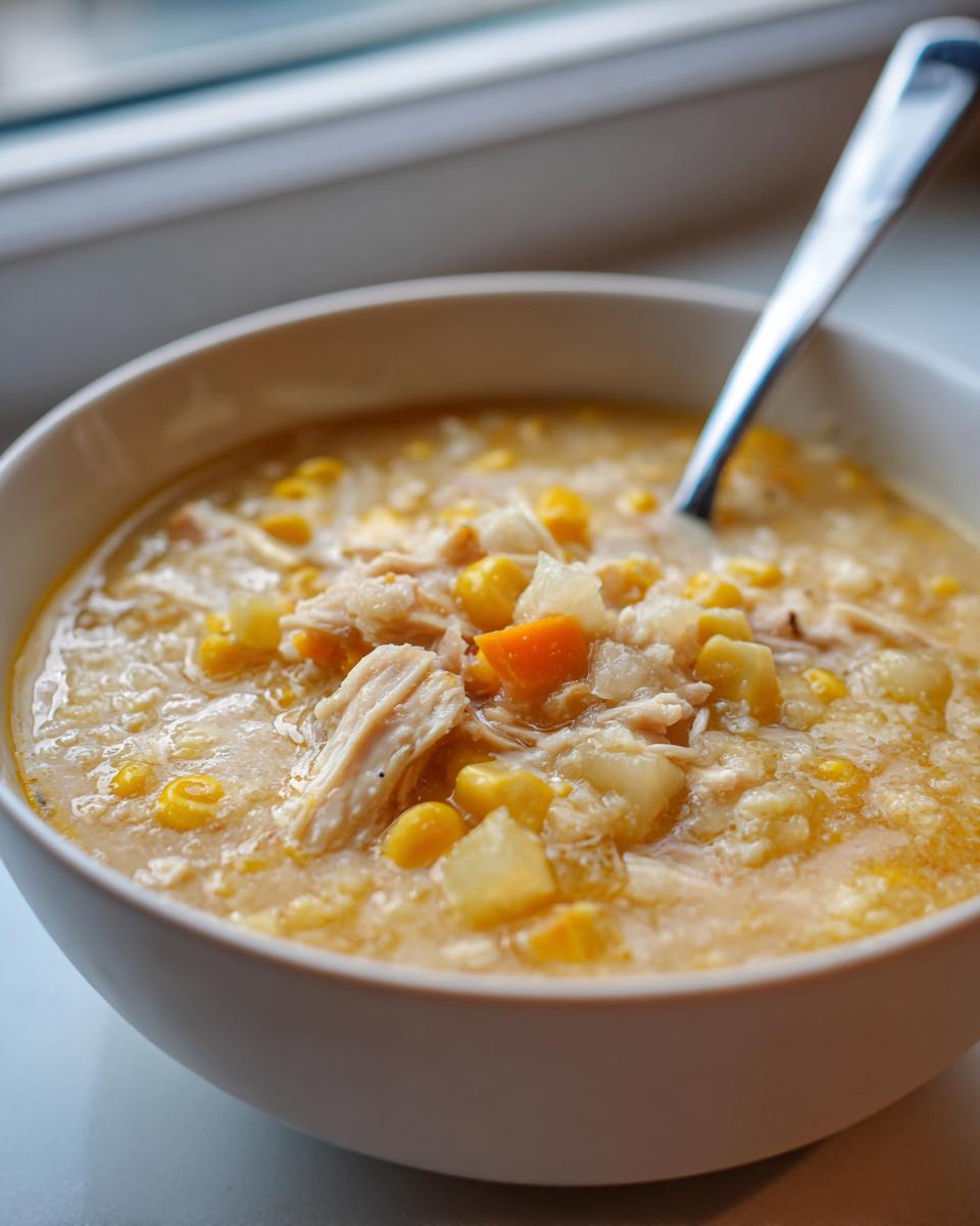 Close-up of a creamy bowl of chicken corn chowder, showing shredded chicken, corn, and potato chunks.
