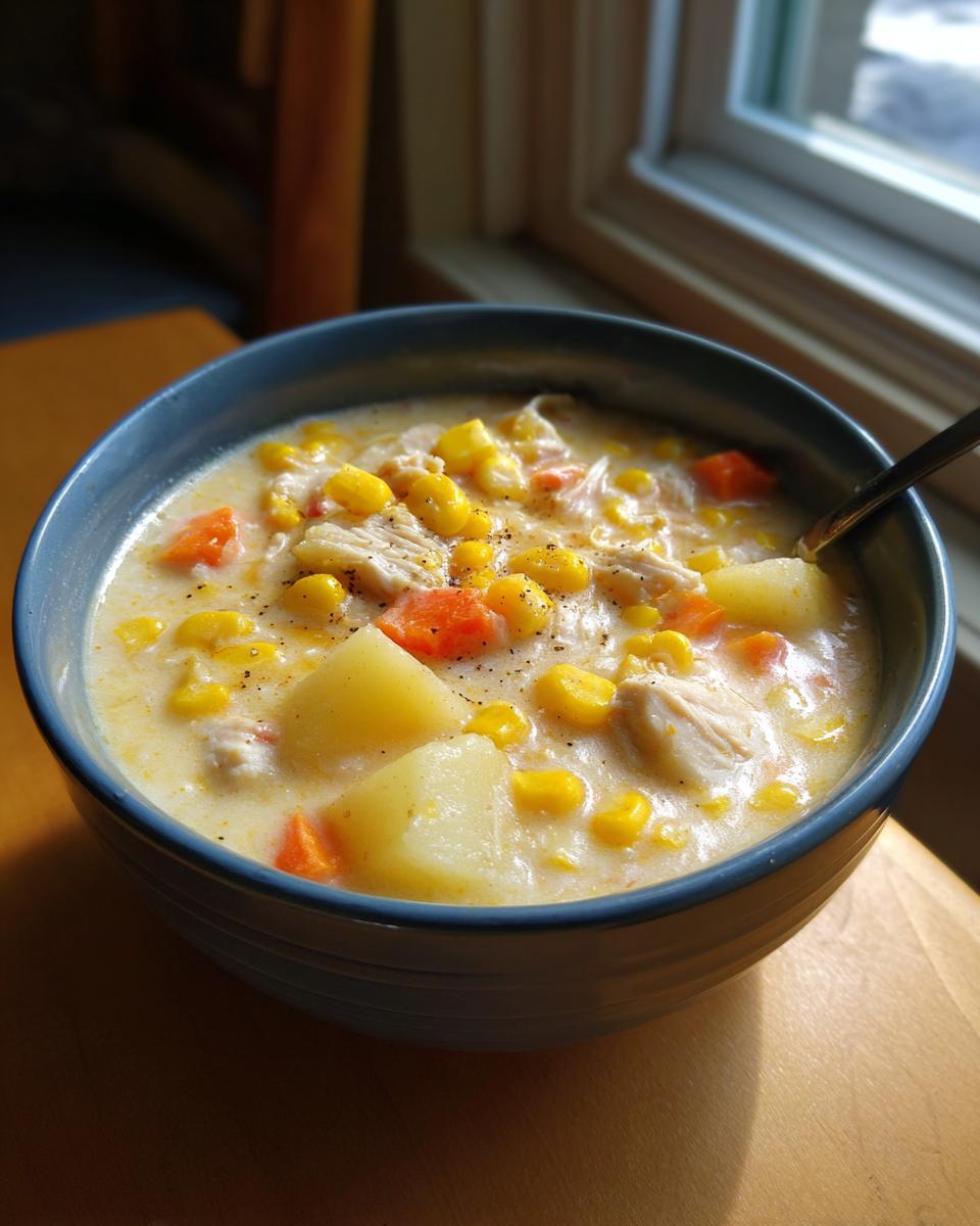 A close-up of a hearty bowl of creamy chicken corn chowder, featuring chunks of potato, chicken, and corn, seasoned with black pepper.