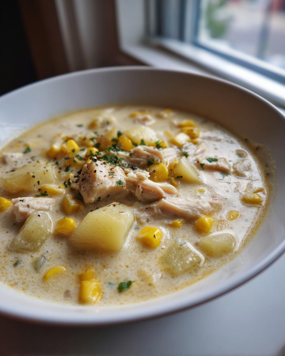 Close-up of a creamy chicken corn chowder with chunks of potato and shredded chicken, garnished with parsley.