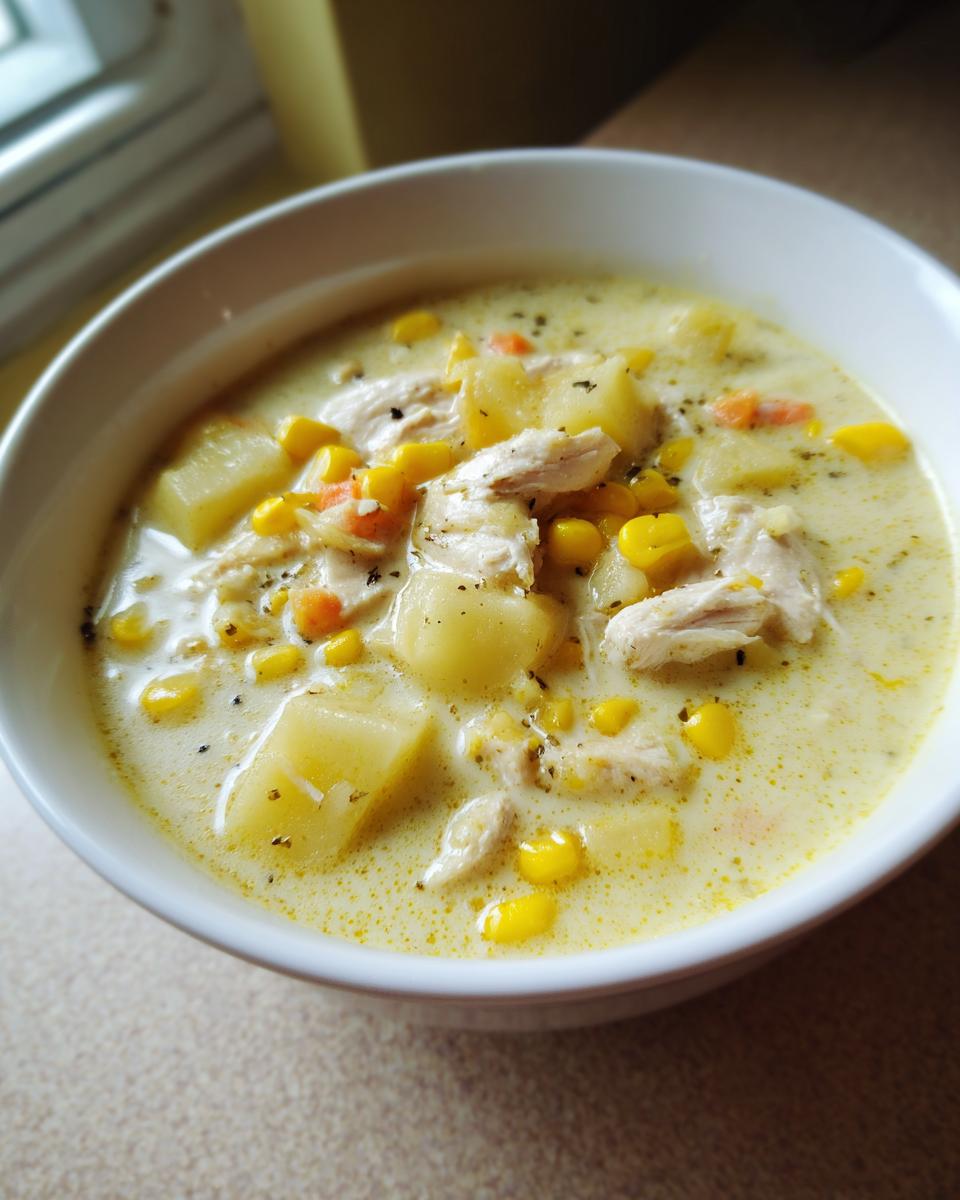 Close-up of a white bowl filled with creamy chicken corn chowder, featuring chunks of potato, shredded chicken, and corn kernels.