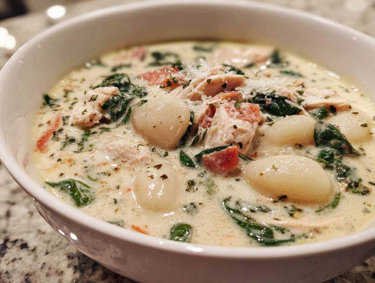 Close-up of a hearty bowl of creamy chicken gnocchi soup with spinach and tomatoes.