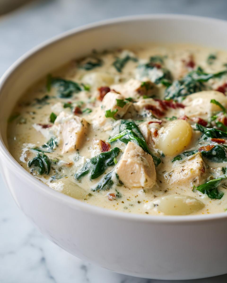 Close-up of creamy chicken and gnocchi soup with spinach and bacon served in a white bowl.