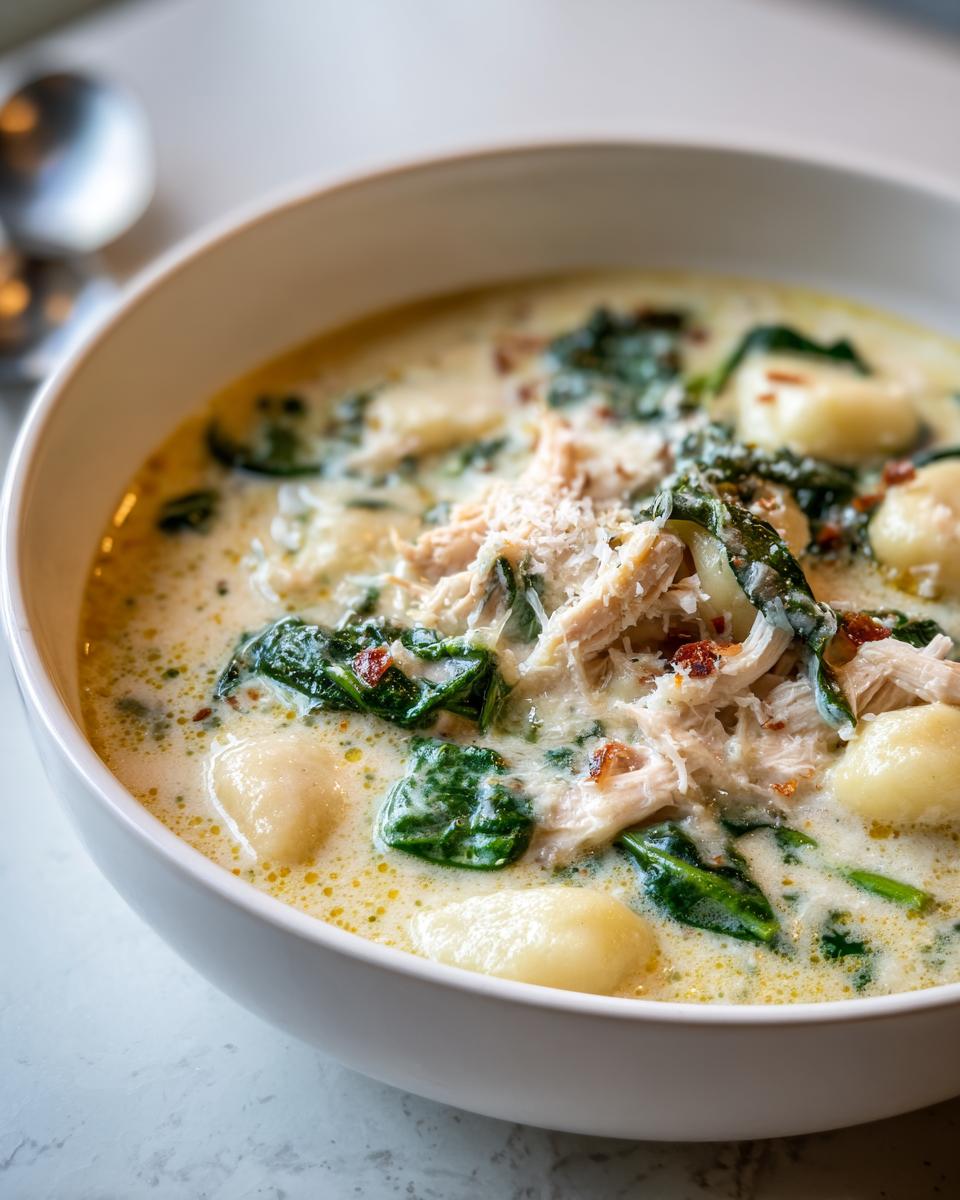 Close-up of a bowl of creamy chicken gnocchi soup, filled with tender gnocchi, shredded chicken, and wilted spinach.