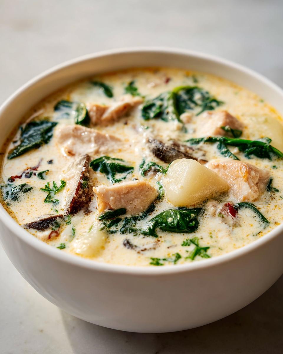 Close-up of a rich, creamy gnocchi soup featuring chunks of chicken, wilted spinach, and soft gnocchi.