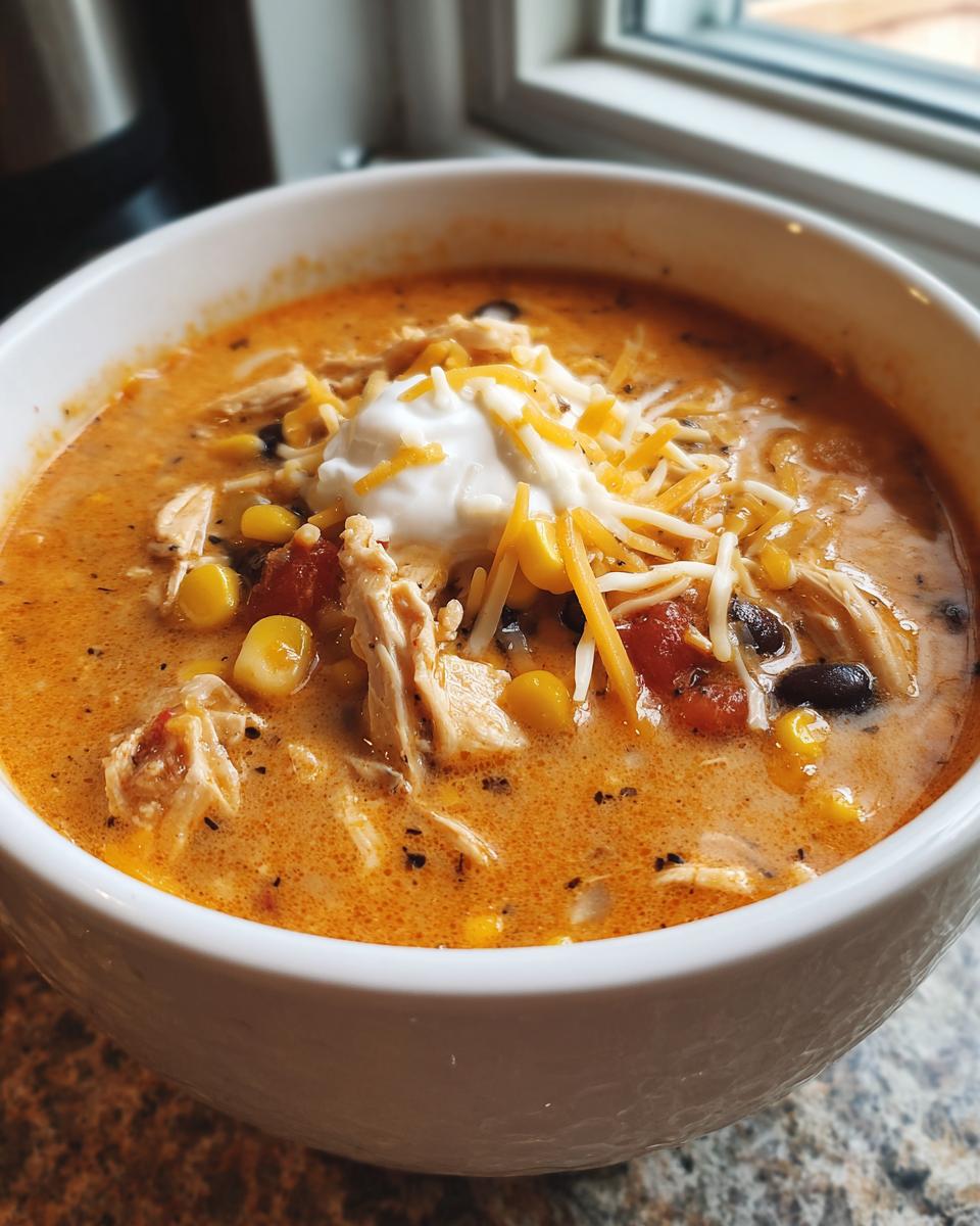 Close-up of a creamy bowl of chicken taco soup topped with shredded cheese, sour cream, corn, and black beans.