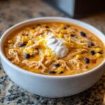 Close-up of creamy chicken taco soup in a white bowl, topped with shredded cheese, corn, black beans, and a dollop of sour cream.