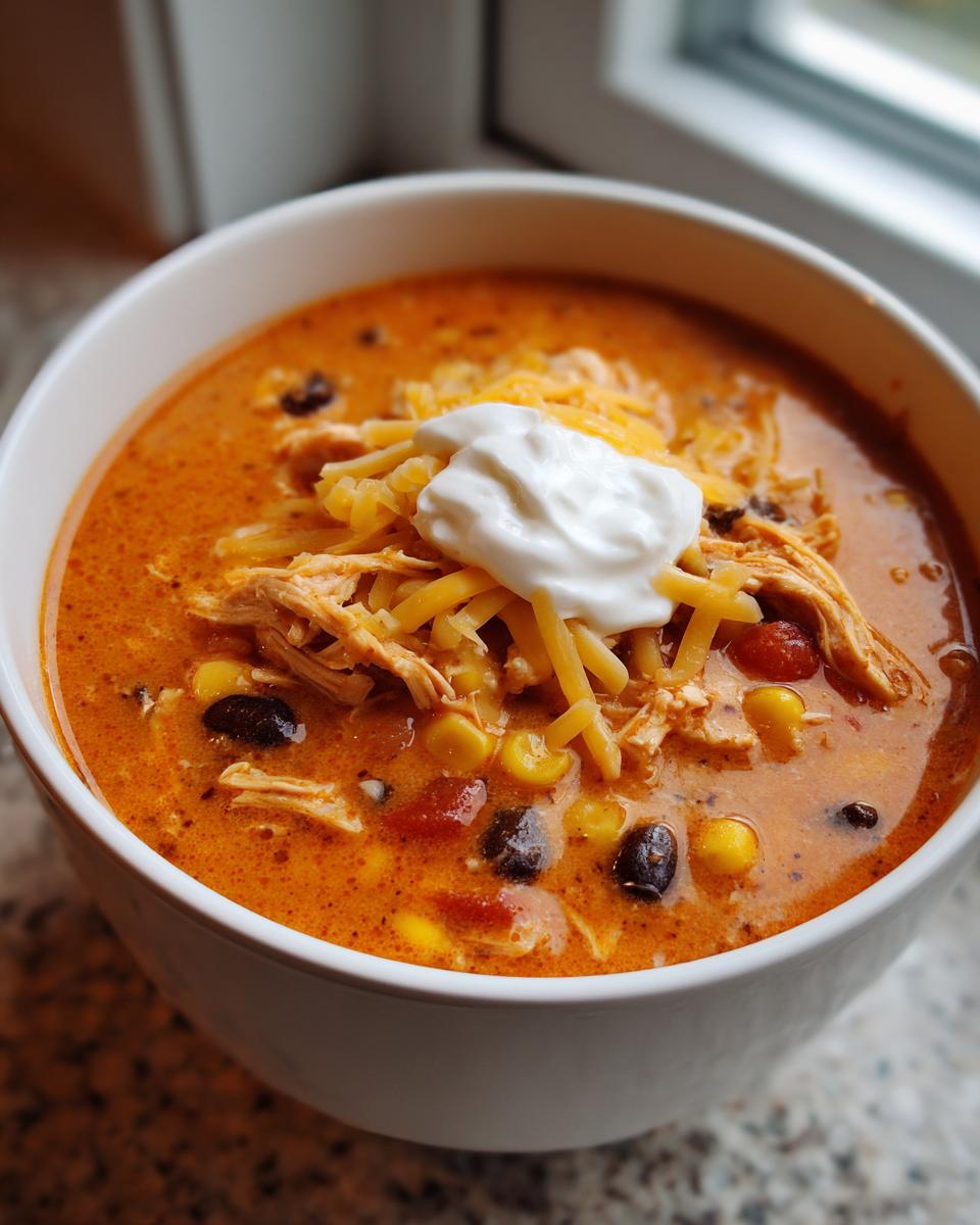 A close-up of a white bowl filled with creamy chicken taco soup, topped with shredded cheese, sour cream, chicken, corn, and black beans.