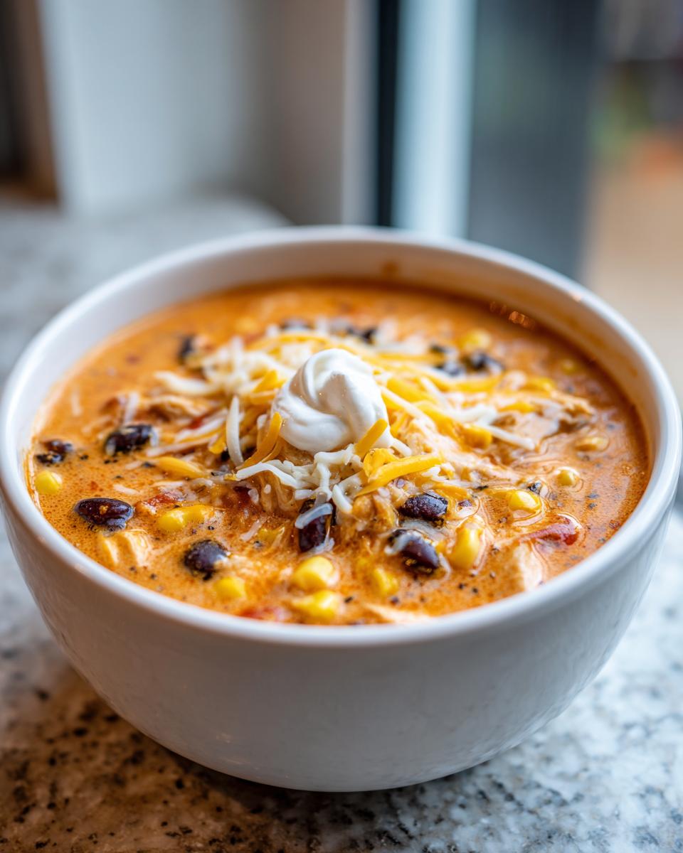 A creamy bowl of chicken taco soup topped with shredded cheese and sour cream.