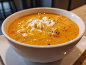 Close-up of a bowl of creamy, orange-hued chicken taco soup topped with shredded cheese and sour cream.