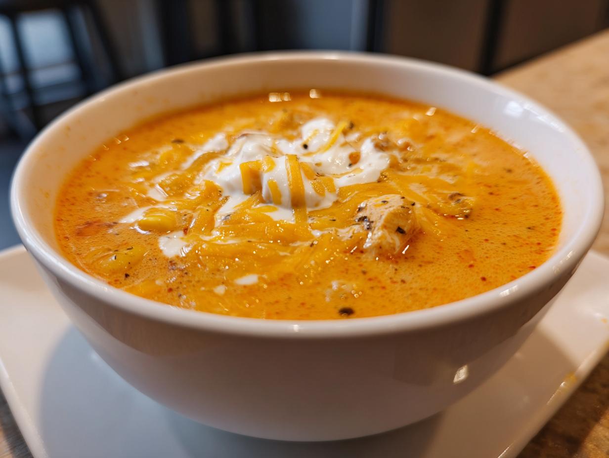 Close-up of a bowl of creamy, orange-hued chicken taco soup topped with shredded cheese and sour cream.