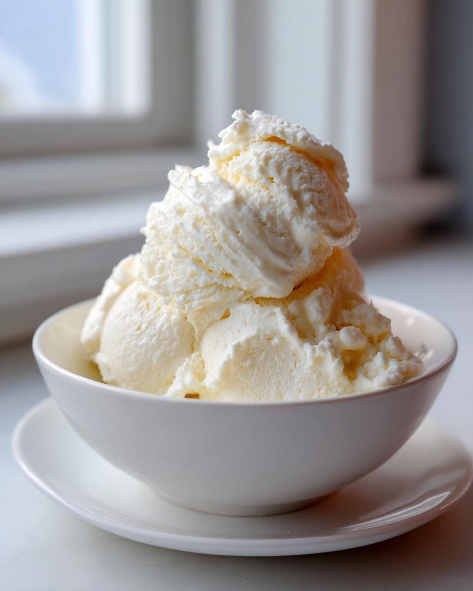 Several generous scoops of creamy, pale yellow cottage cheese ice cream piled high in a white bowl.