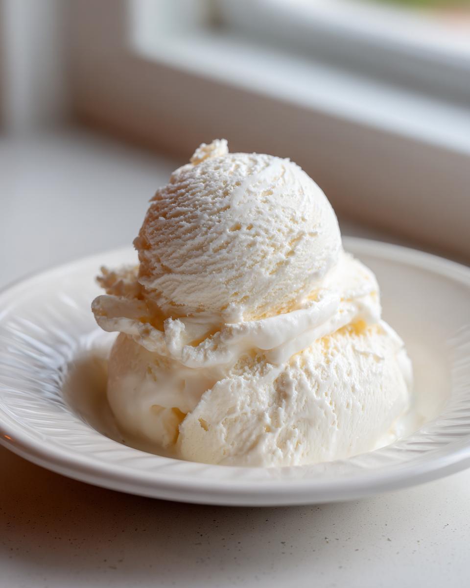 Two scoops of creamy white cottage cheese ice cream served in a white bowl.