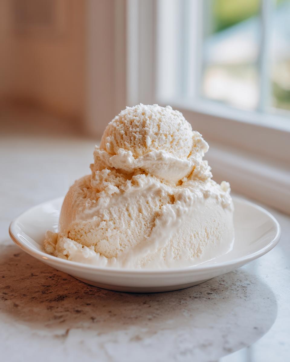Two scoops of smooth, vanilla-colored cottage cheese ice cream served in a small white bowl.
