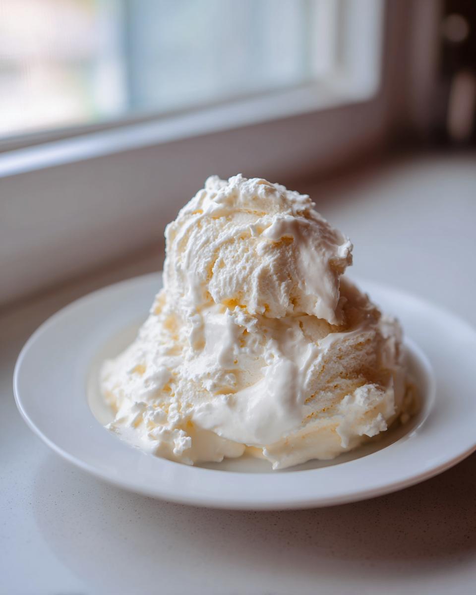 Two generous scoops of creamy, white cottage cheese ice cream served on a small white plate.